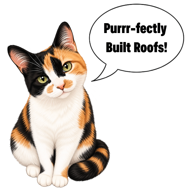 A calico cat with green eyes sitting with a speech bubble that says "Purrr-fectly Built Roofs!"