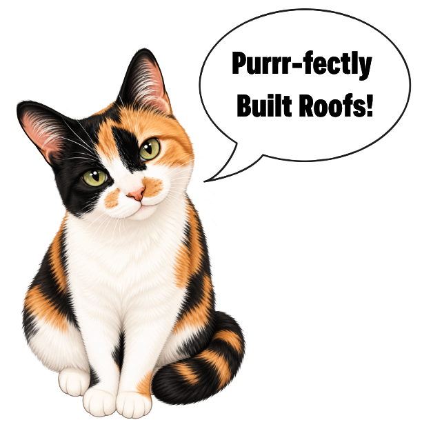 A calico cat with green eyes sitting with a speech bubble that says "Purr-fectly Built Roofs!"