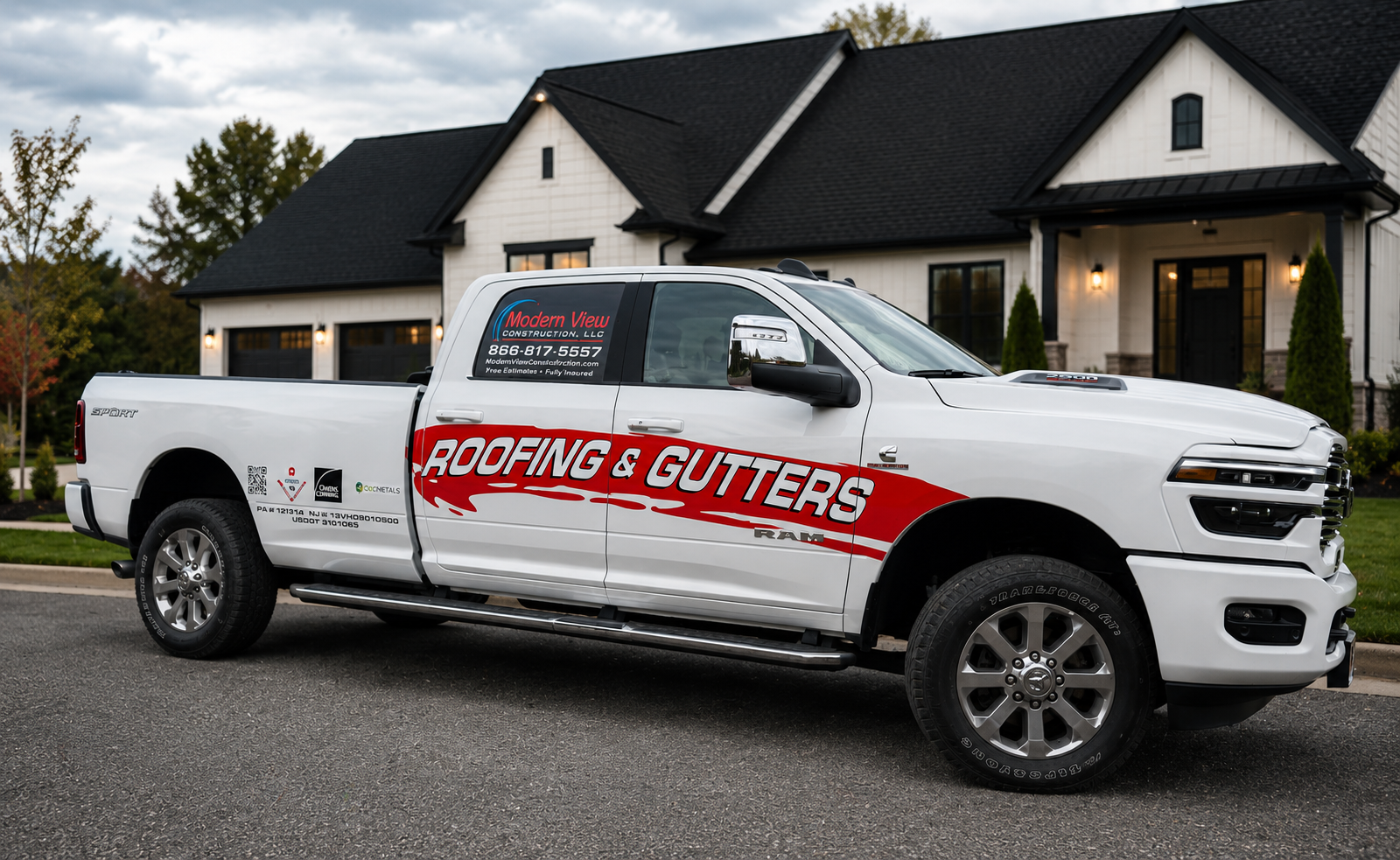 A white pickup truck with red and black lettering advertising roofing and gutters parked in front of a modern house with a dark roof, white siding, and landscape lighting.
