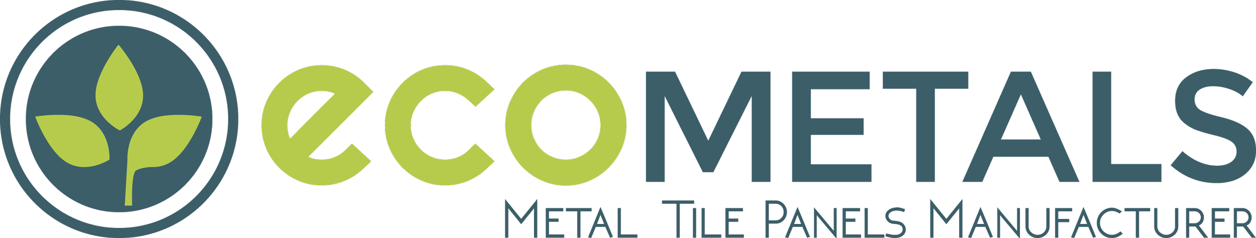 Logo for ecometas metal tile panels manufacturer featuring a green leaf inside a circle next to the company name in green and blue text.