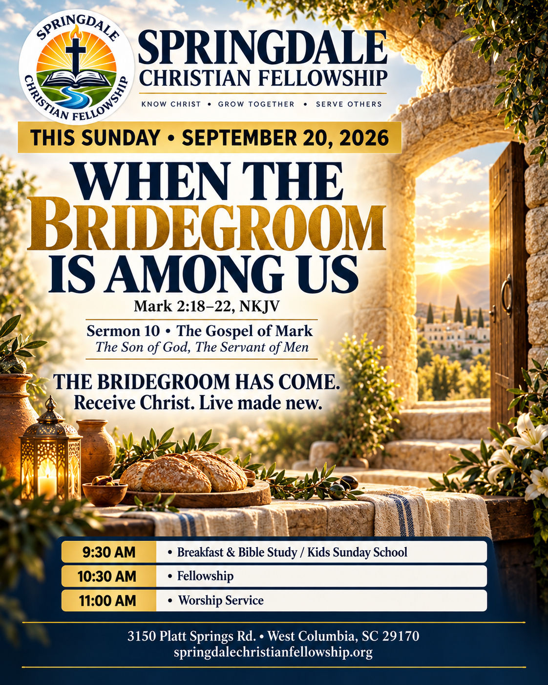 Springdale Christian Fellowship invitation for When the Bridegroom Is Among Us, Mark 2:18–22, Sunday September 20, 2026.