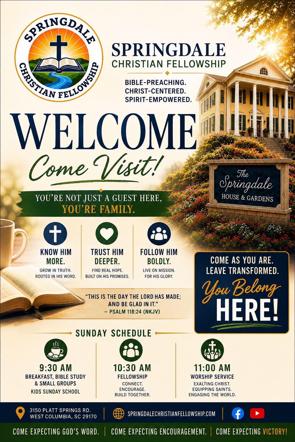 Springdale Christian Fellowship welcome invitation featuring the Springdale House and Sunday schedule