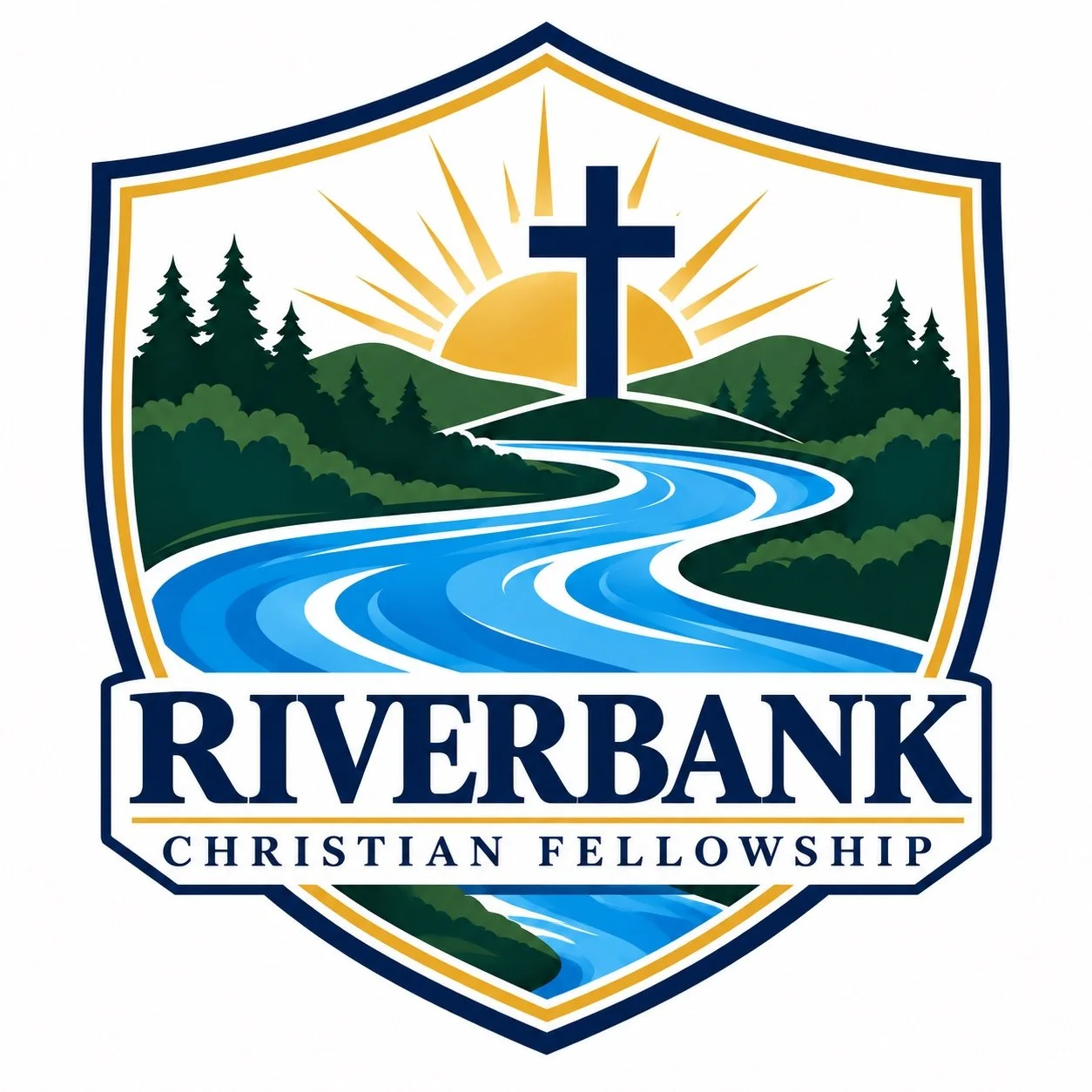 Riverbank Christian Fellowship shield with a cross, sunrise, forest and river