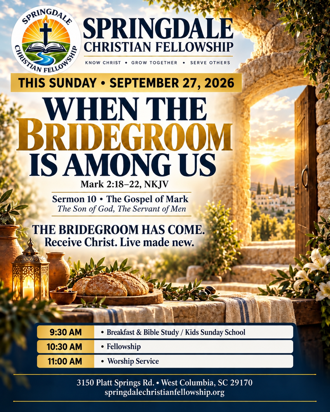 Springdale Christian Fellowship invitation for When the Bridegroom Is Among Us, Mark 2:18–22, Sunday September 27, 2026.