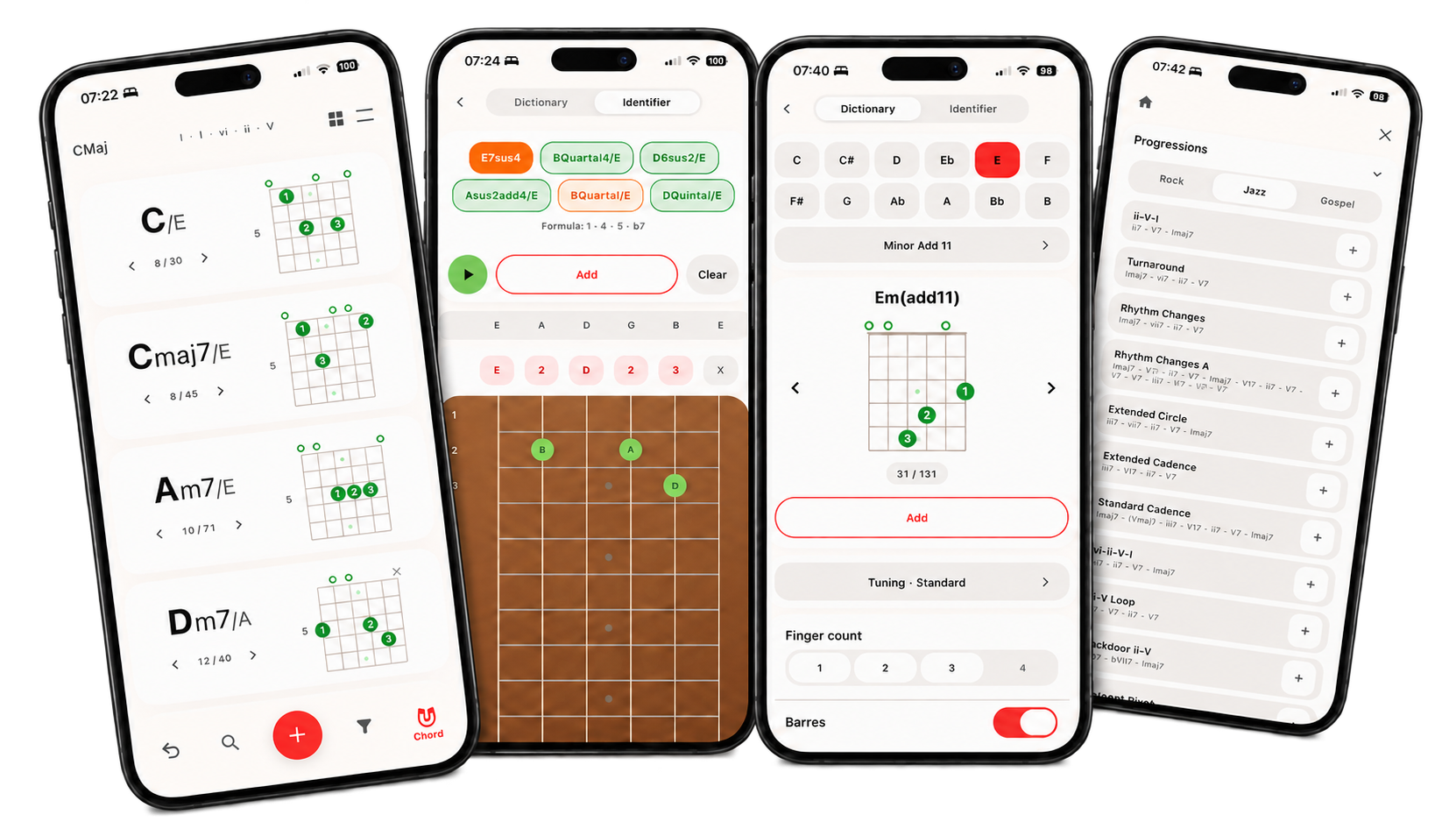 Smartphone screens displaying a guitar chords app with chord diagrams, a chord builder interface, a song key and scale options, and a progression list.