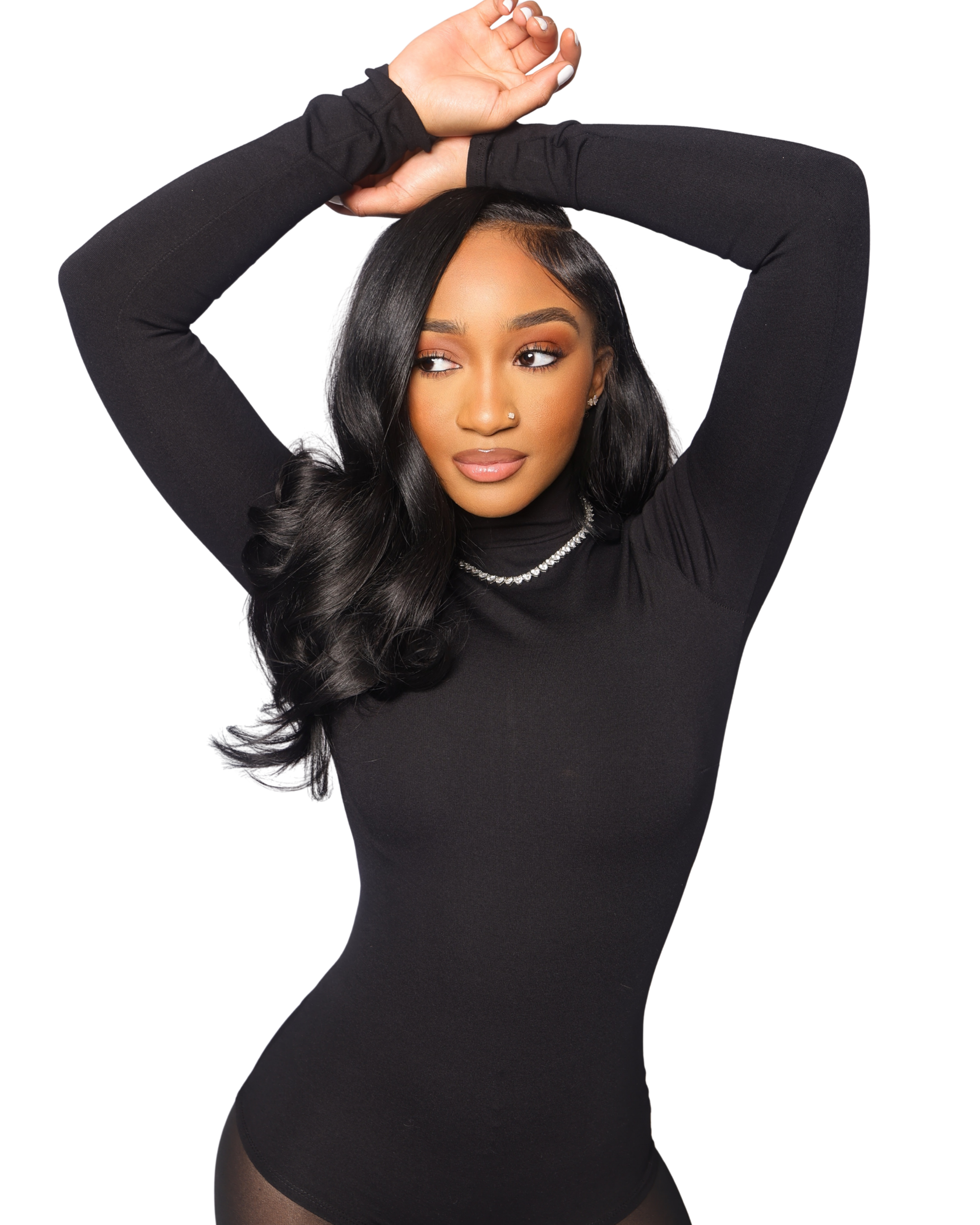 Women wearing long black luxury hair extensions from The Khari J Collection