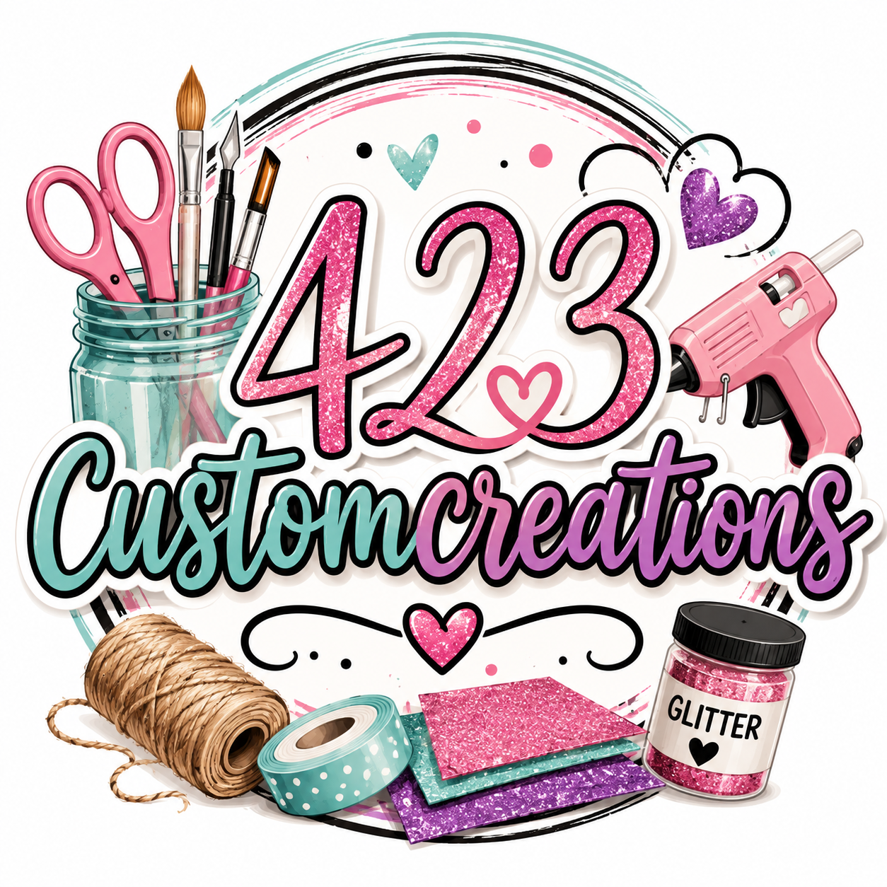 Decorative graphic featuring crafting supplies and the words '42/23 Custom Creations' in pink, purple, and teal colors, with hearts, ribbons, glitter, and a hot glue gun.