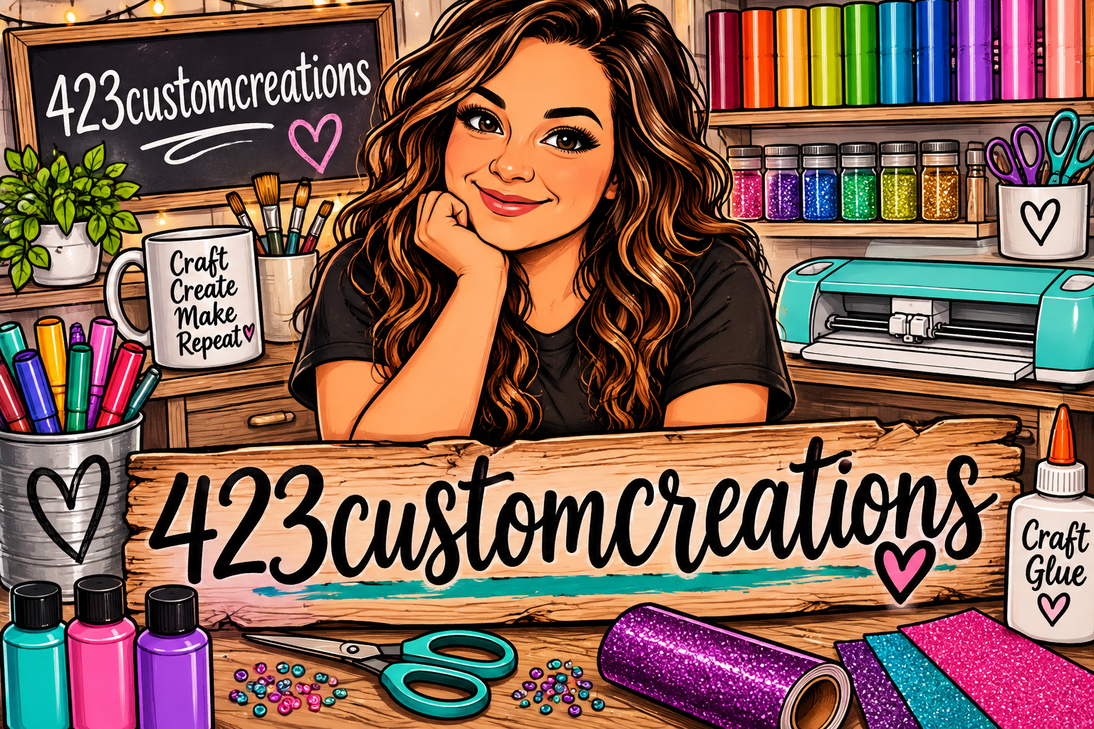 An illustrated woman with long, wavy brown hair sitting at a craft desk surrounded by supplies like glitter, glue, scissors, markers, and tissue paper. A blackboard behind her reads '423customcreations' and a wooden sign in front displays the same text. The workspace is decorated with colorful jars of glitter, paint, and other craft materials.