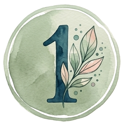 Number one on a watercolor design with leaves and a green background.