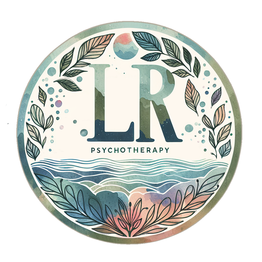 An artistic circular logo for IR Psychotherapy featuring a large letter 'IR' with greens, blues, and earthy tones, surrounded by leaves, water waves, and small decorative circles.