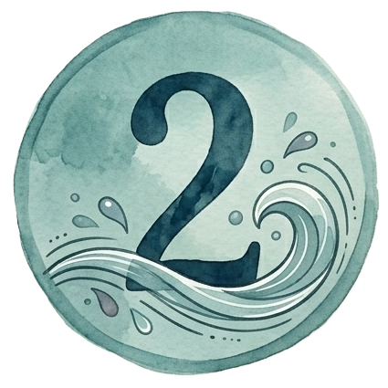 Number two on a watercolor with water wave illustrations, in shades of teal and blue.