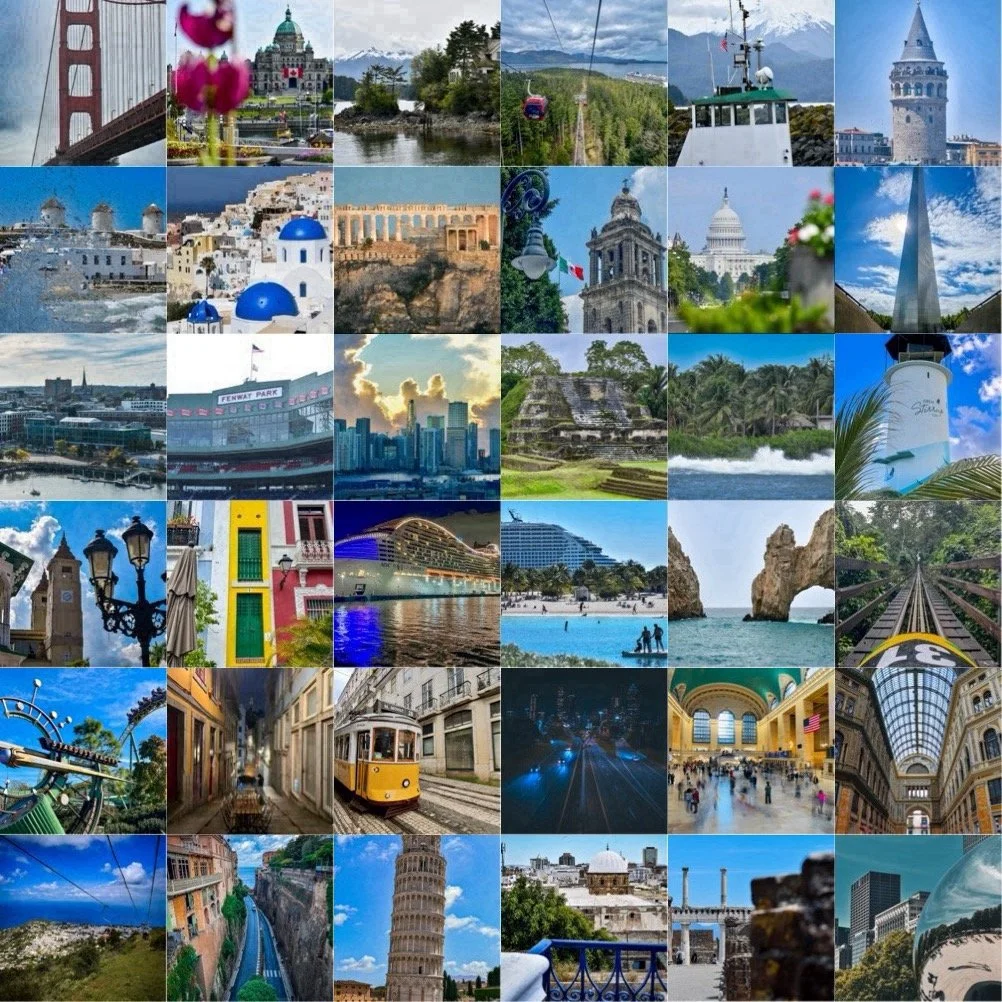 Collage of various famous landmarks and cityscapes from around the world, including the Golden Gate Bridge, Parliament buildings, the Leaning Tower of Pisa, a cable car in San Francisco, and the Taj Mahal.