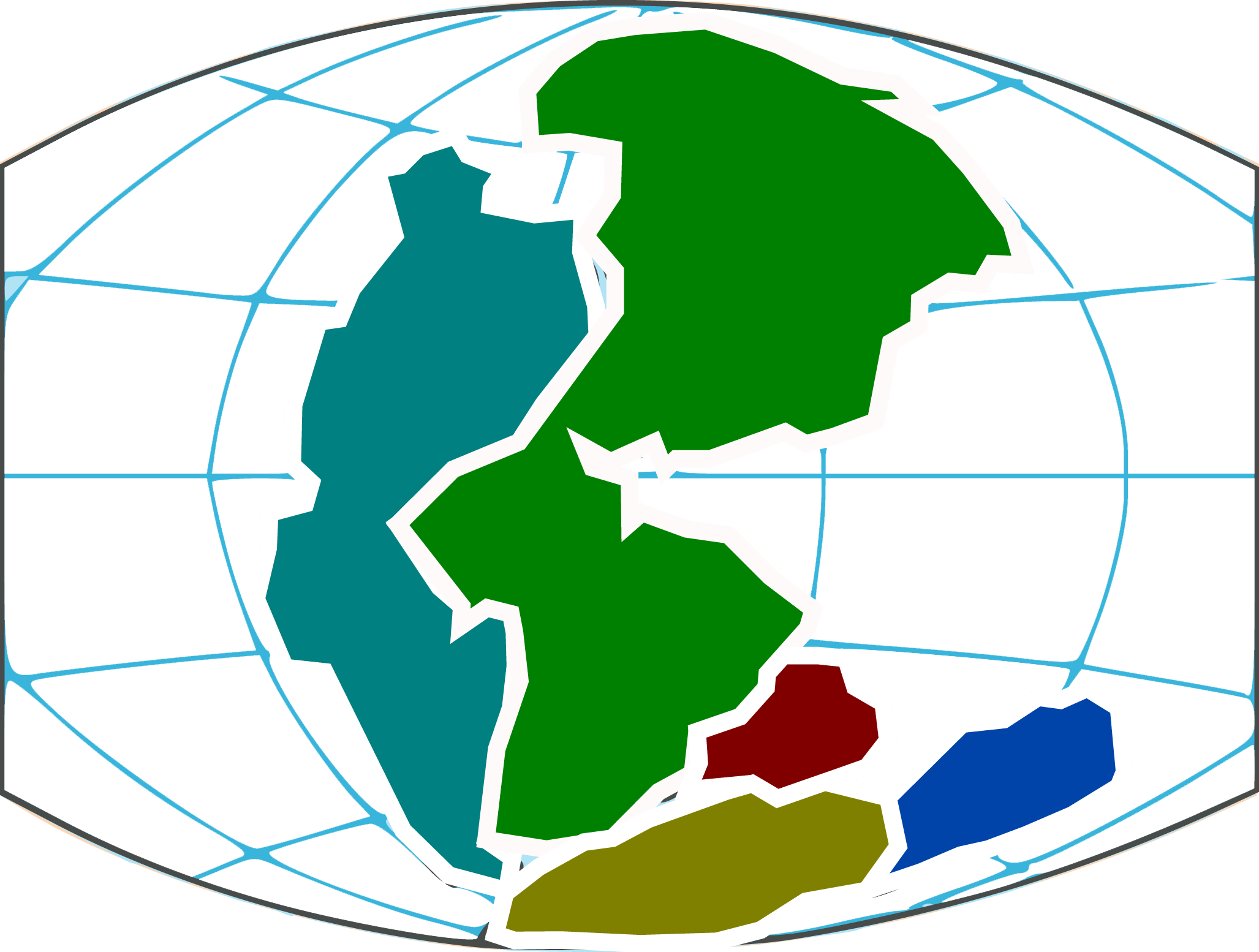 A digital map of Pangea showing continents in green, blue, and red colors, outlined with white borders, and overlaid with longitude and latitude gridlines.
