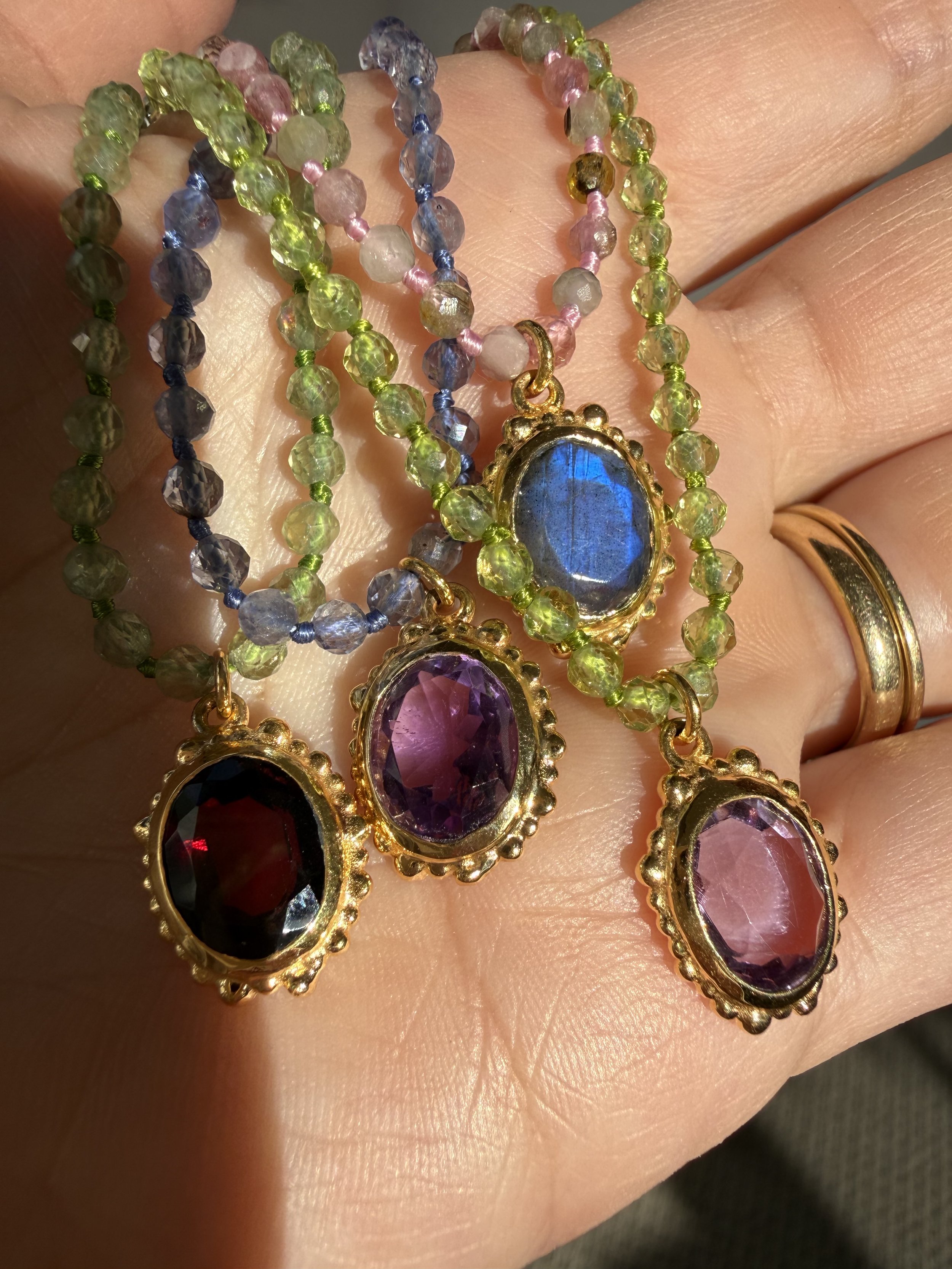 Rainbow Beads Necklace (Iolite & Amethyst / Green Strawberry Quartz & Garnet)