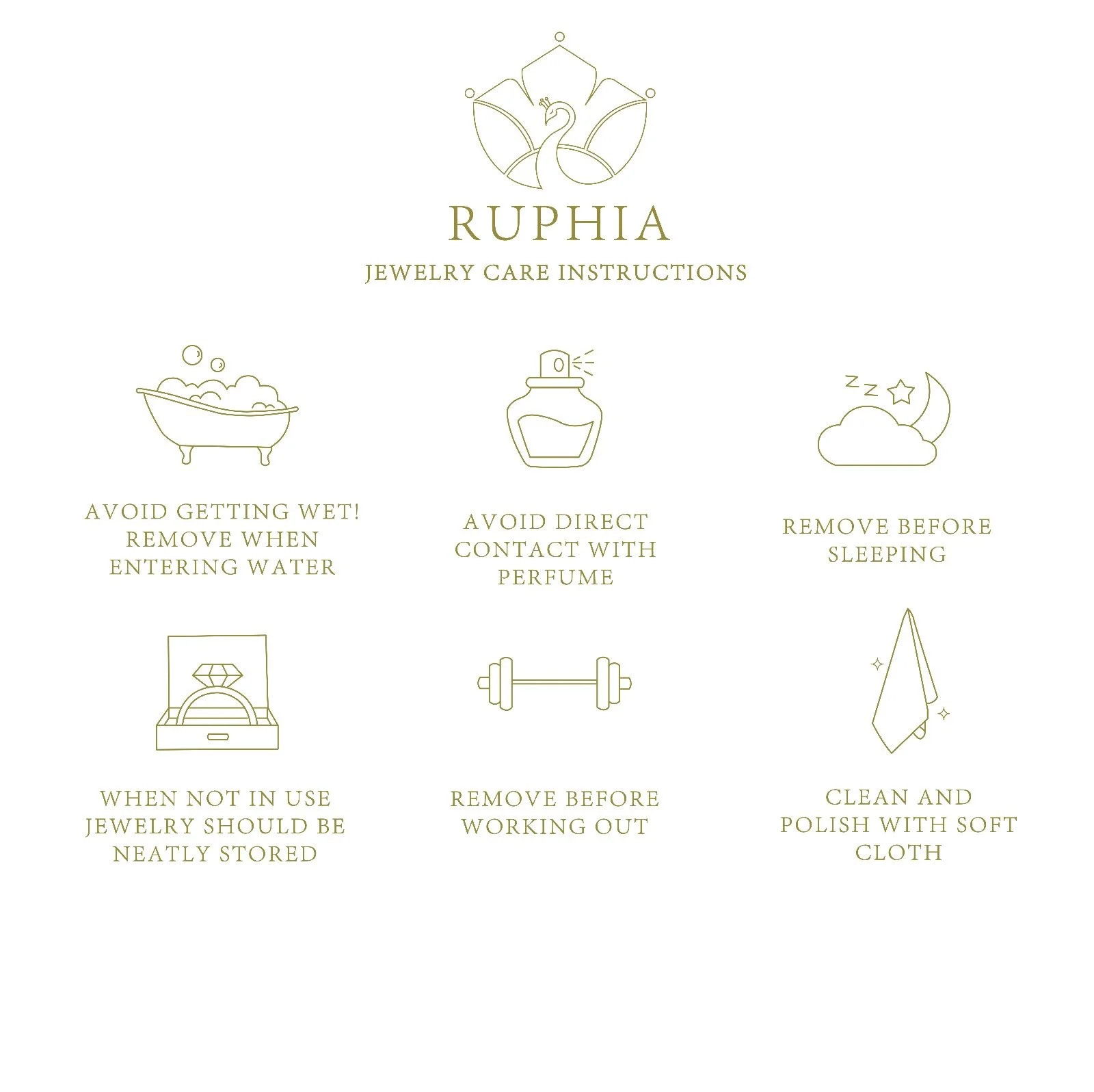 Jewelry care instructions page with icons and text, including avoiding getting wet, avoiding direct contact with perfume, removing jewelry before sleeping, storing jewelry neatly, removing jewelry before working out, cleaning and polishing with soft cloth, and a logo with peacock and lotus design.