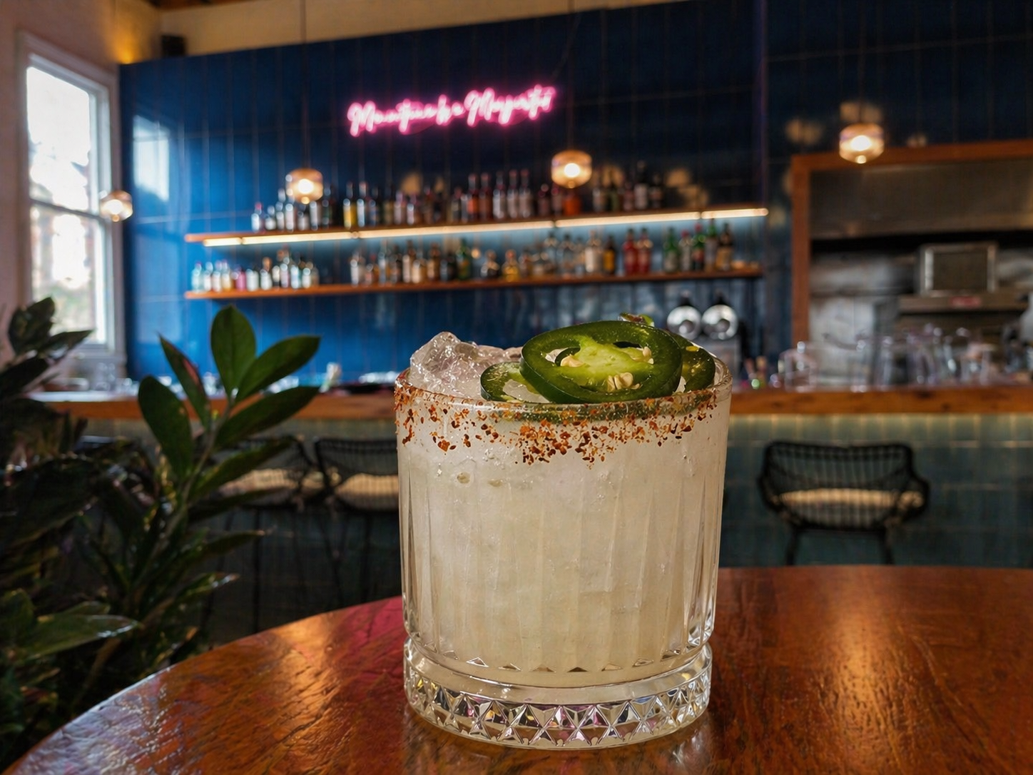 A spicy margarita cocktail garnished with sliced jalapeño peppers, on a wooden table inside a bar with blue tiled walls, shelves of liquor bottles, and a neon sign.