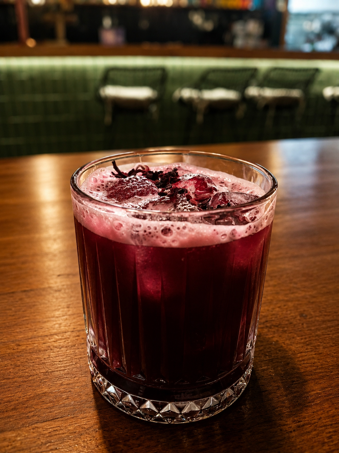 A glass of hibiscus sour cocktail with pink foam and garnished with berries on top, placed on a wooden table in a dimly lit setting.