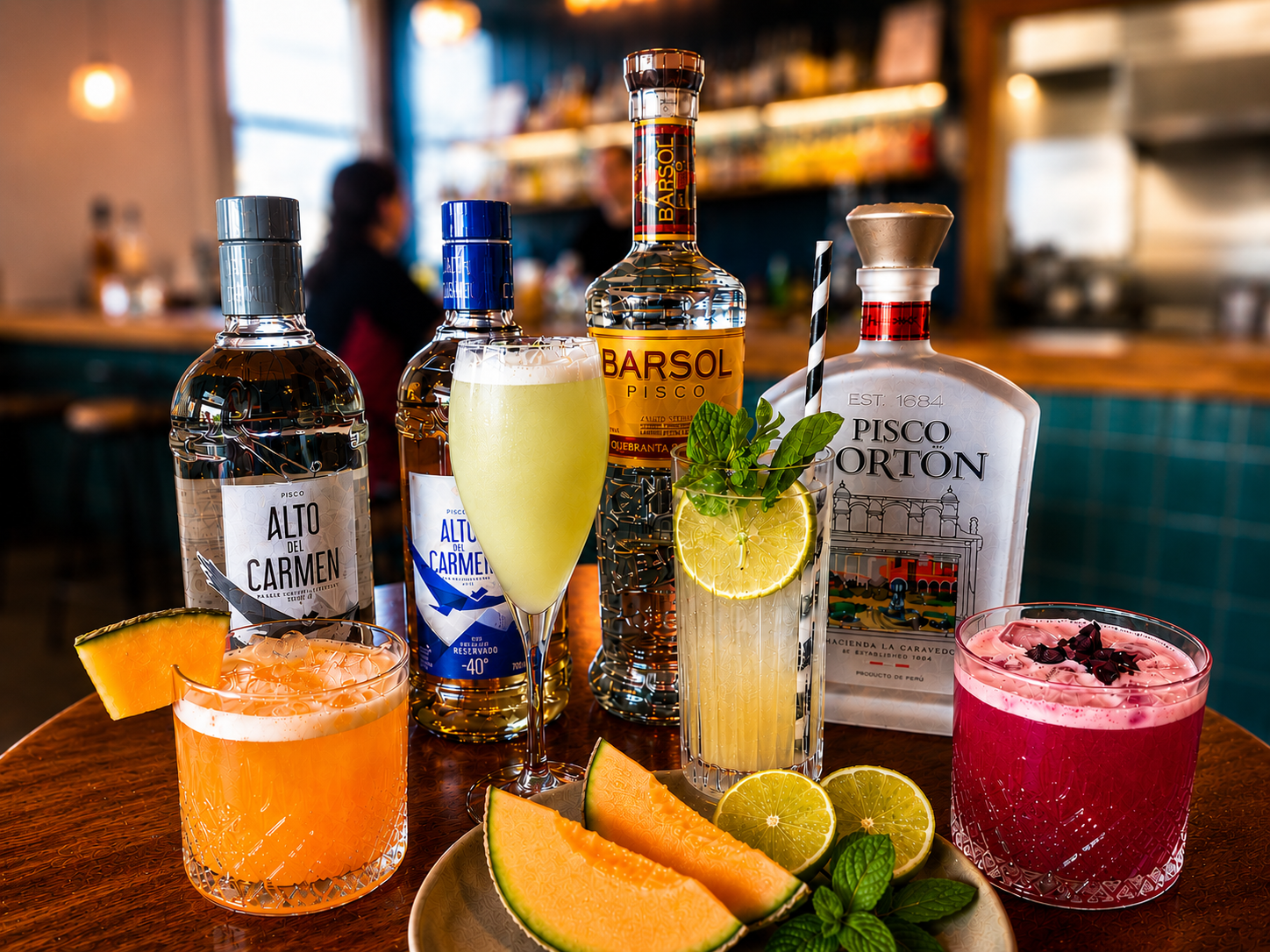 Various bottles of pisco, colorful cocktails with fruit garnishes, fresh fruit slices, and a mint sprig on a wooden table in a bar with a blurred background of people and bar shelves.