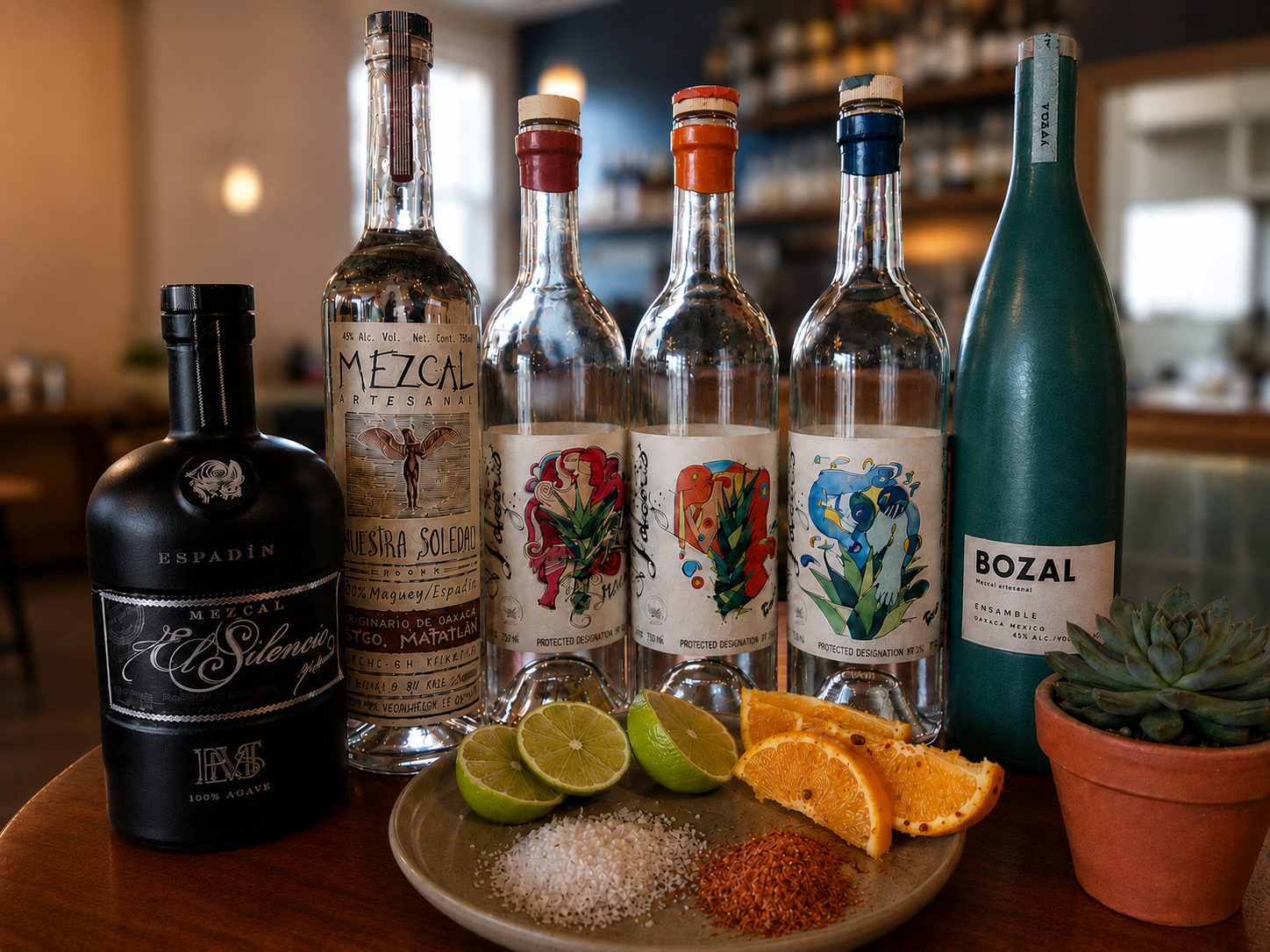 Various bottles of mezcal with colorful labels, slices of lime and orange, salt, chili powder, and an agave plant on a table.