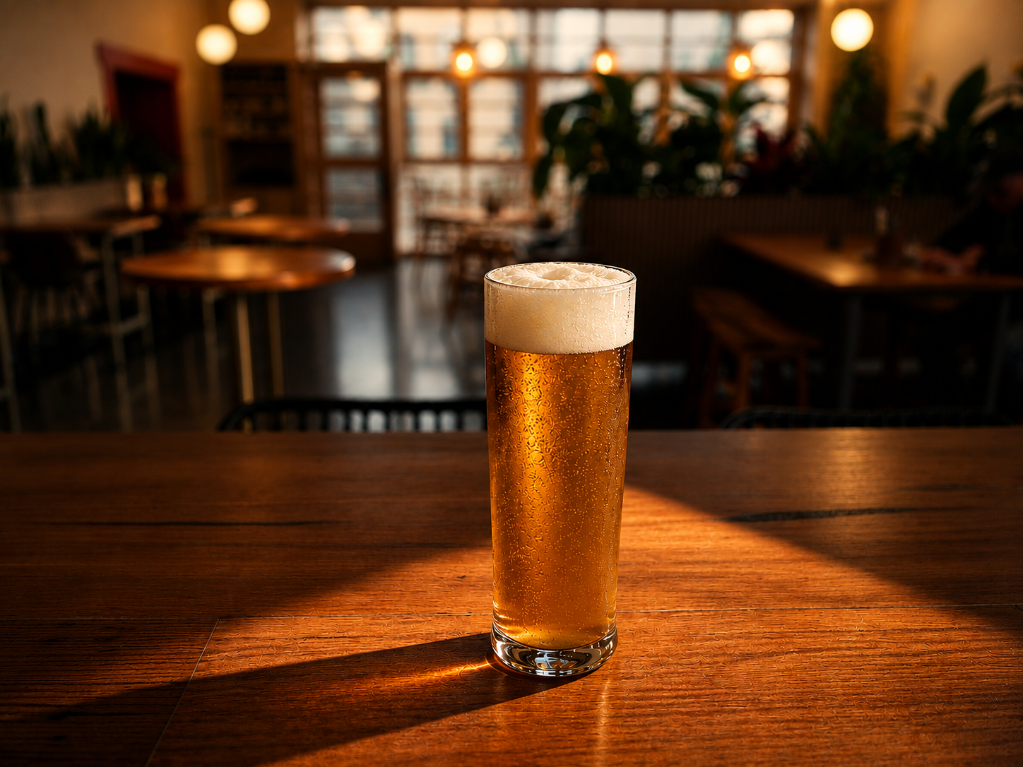 A glass of beer with foam on top sitting on a wooden table in a dimly lit restaurant or bar with warm lighting and blurred background of tables, chairs, and plants.
