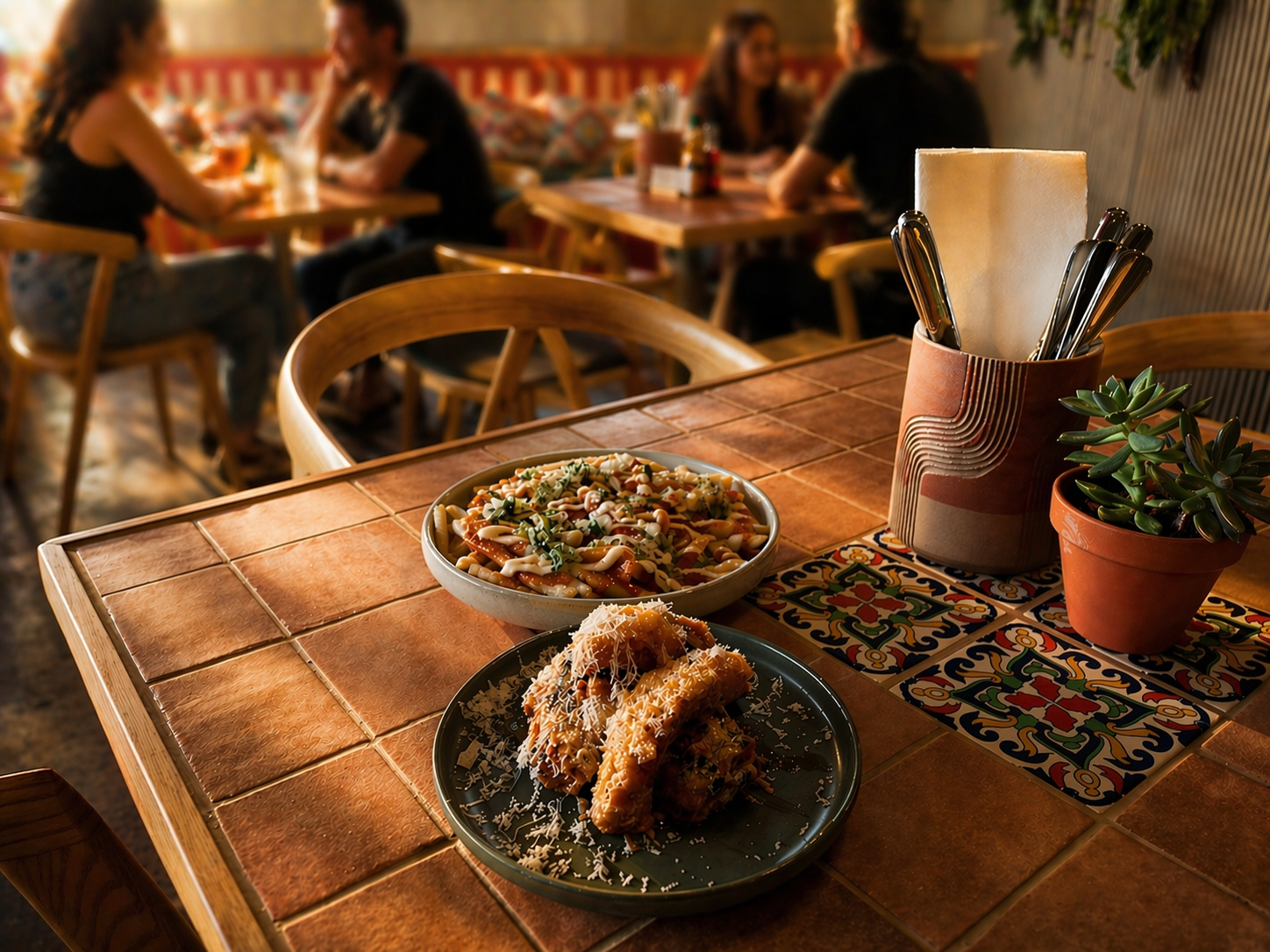 A table with , grilled corn ribs, and loaded fries. There is also a utensil holder with cutlery, a potted succulent, and decorative tiles on the table. In the background, people are sitting at other tables in a cozy restaurant setting.