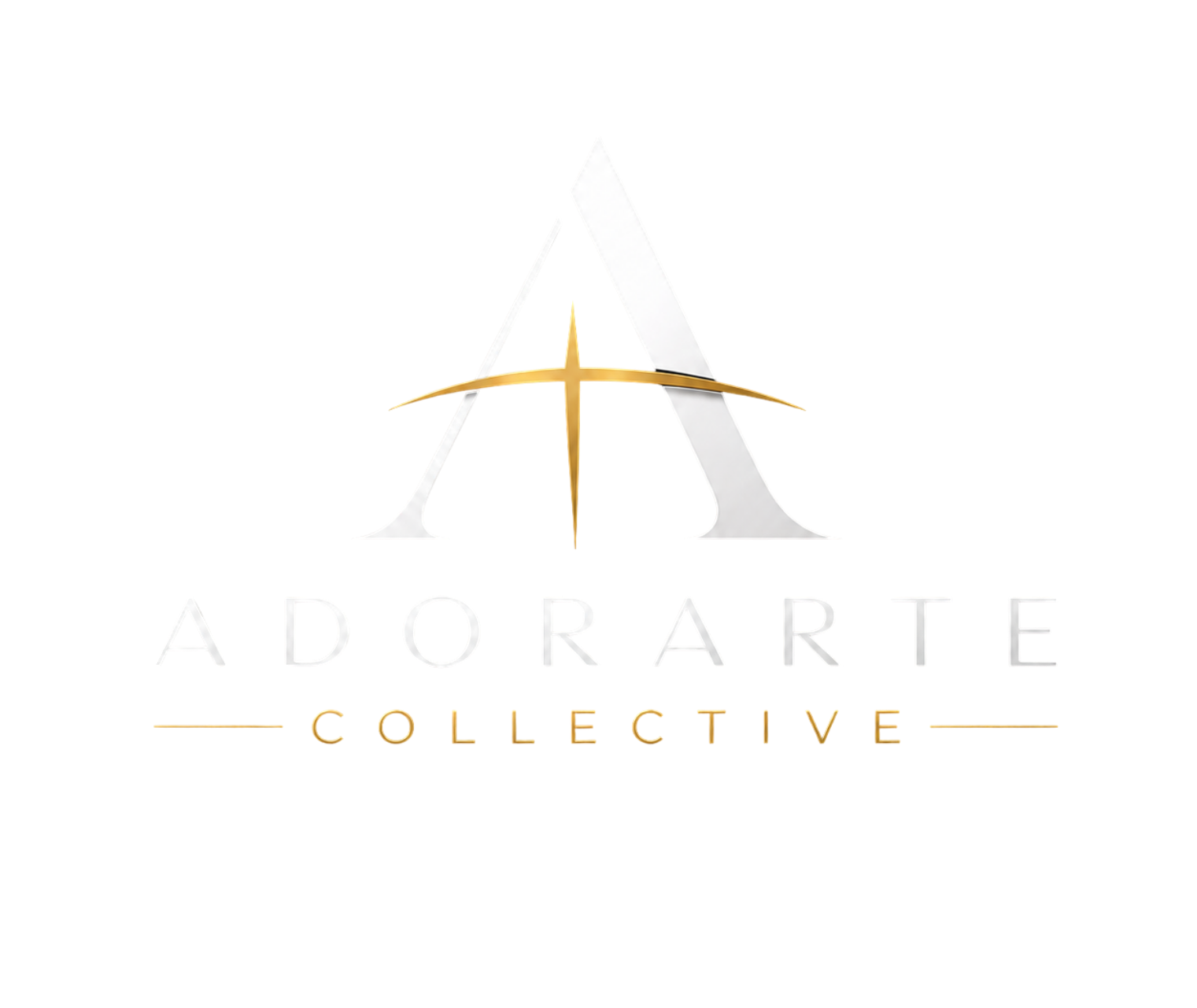 Logo de Adorarte Collective con una letra A estilizada y detalles dorados sobre un fondo oscuro.