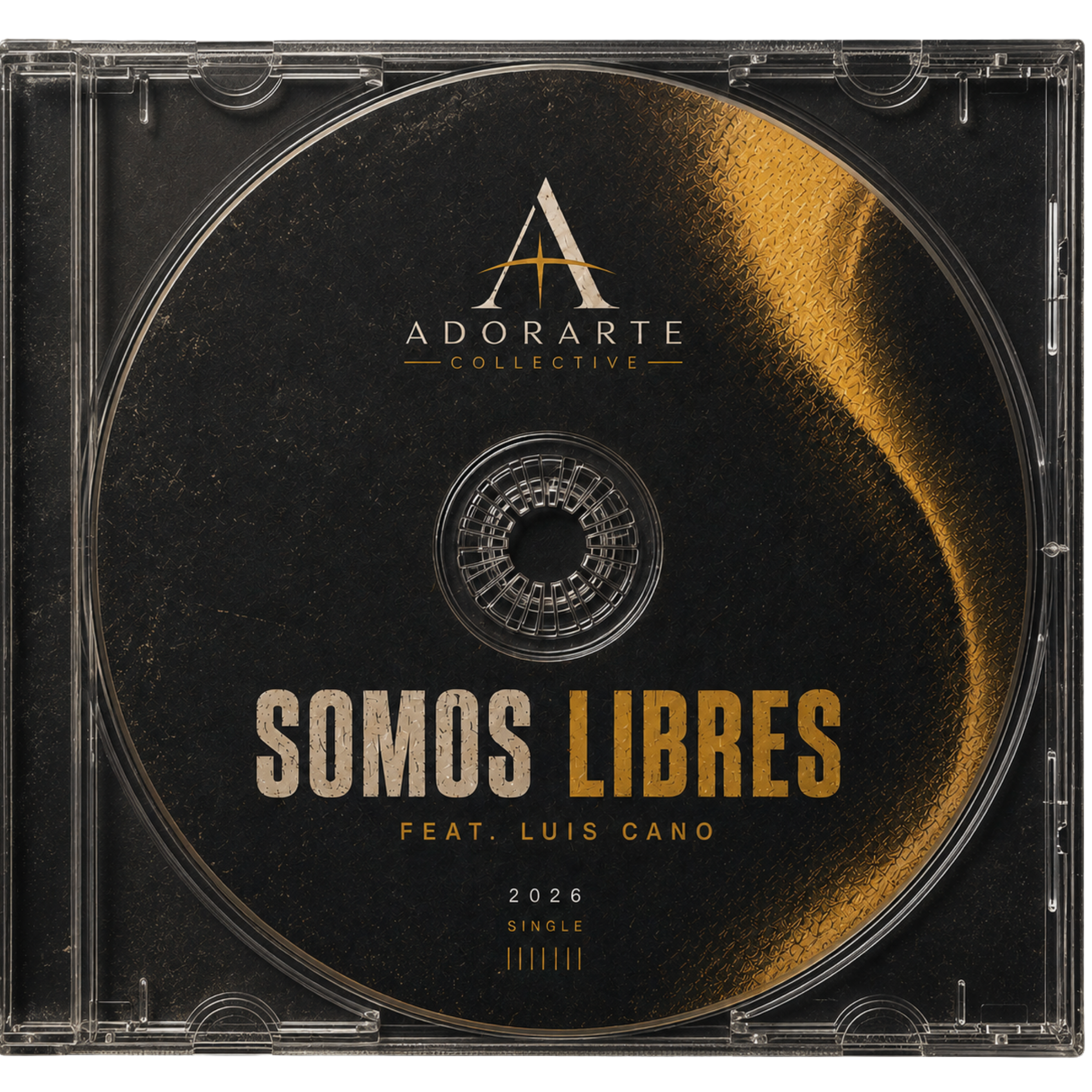 Portada de un sencillo de Adorarte Collective con fondo negro, texto blanco y dorado y elementos geométricos.