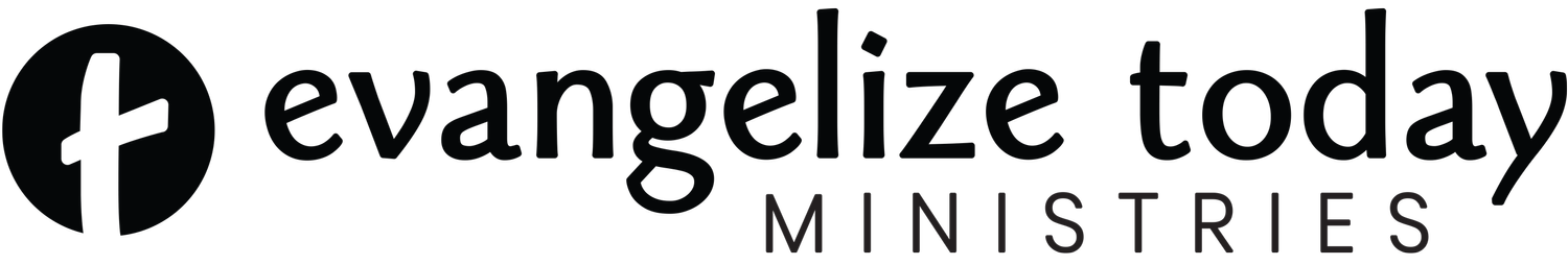 Evangelize Today Ministries logo with black and red text and cross symbol.
