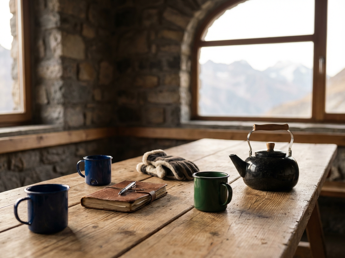 A rustic wooden table inside a stone-walled room with large arched window showing mountains in the background, a black kettle, three mugs, a pair of gloves, and a notebook with a pen on the table.