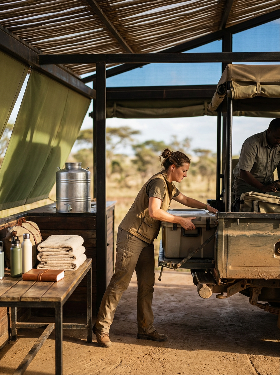A woman loading a cooler into a safari vehicle at an outdoor safari lodge, with towels and water bottles on a nearby table and a landscape with trees in the background.