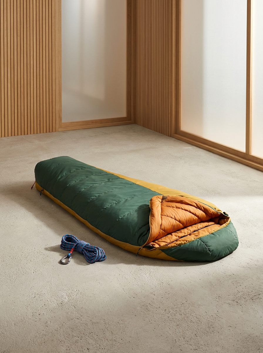 A sleeping bag laid out on a carpeted floor in a room with wooden paneled walls.