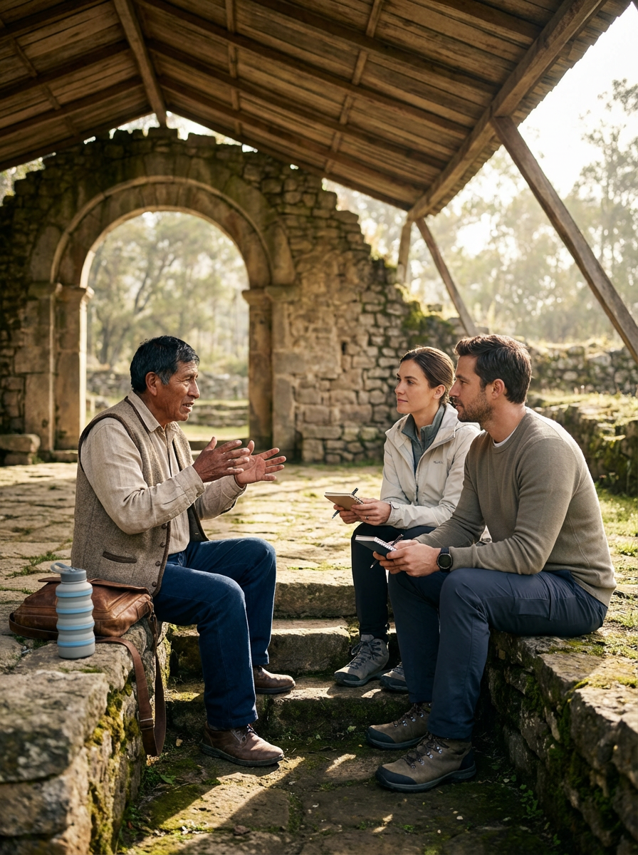 Three people sitting outdoors near a stone archway, engaged in conversation, with notebooks and a water bottle.