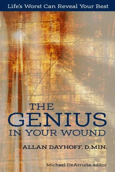 Cover of a book titled 'The Genius in Your Wound' with a background image of a rusty, weathered wall and sunlight streaming through window blinds.