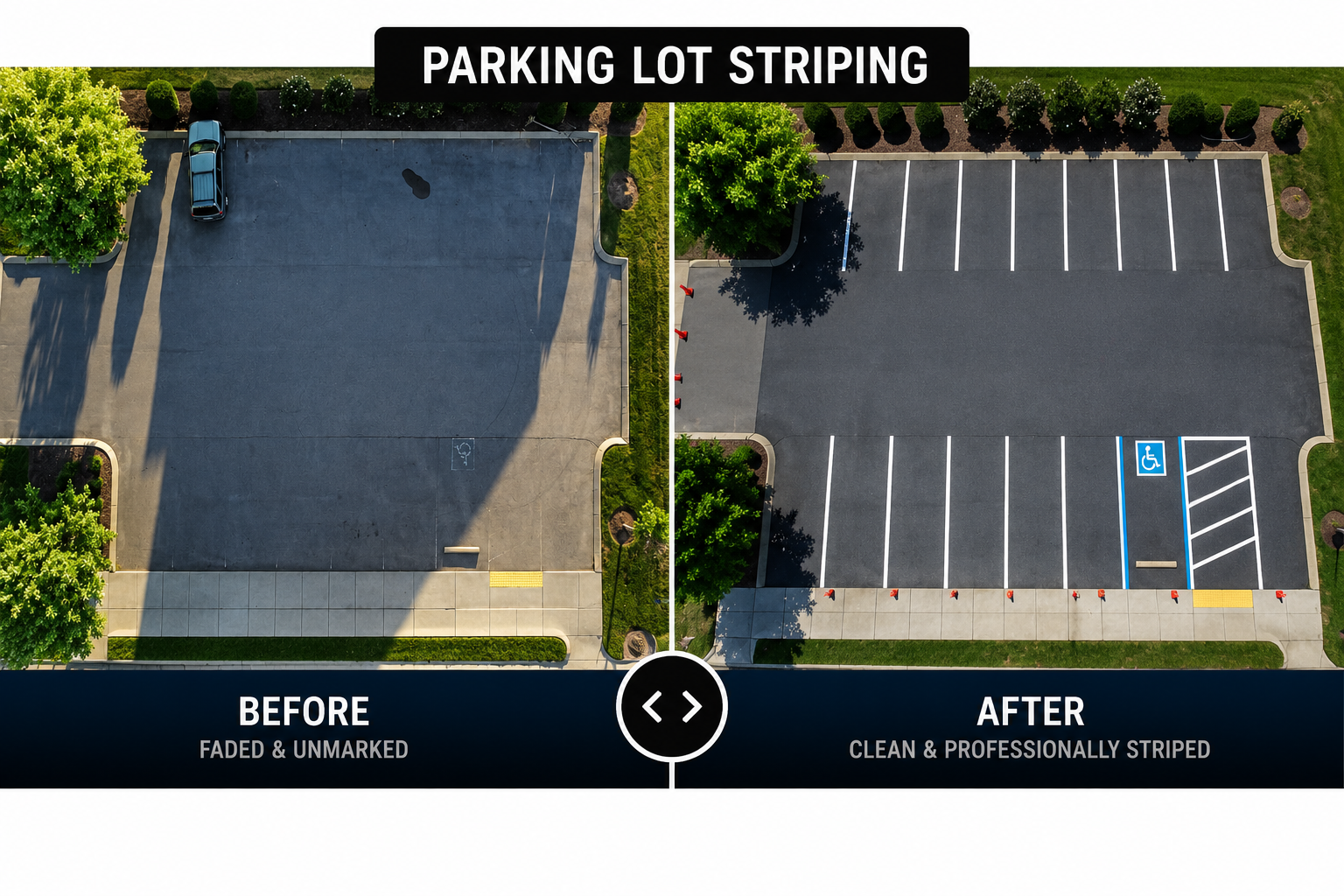 Before and after commercial parking lot cleaning and line striping in Middle Tennessee