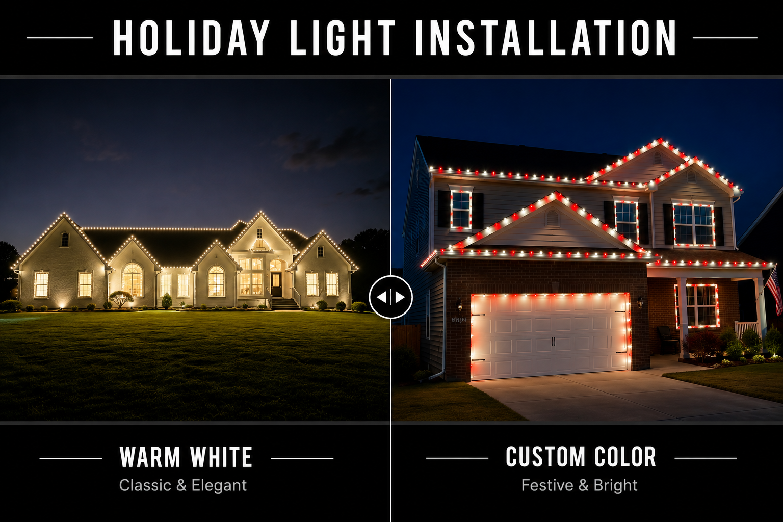 Before and after professional Christmas light installation on a home in Middle Tennessee