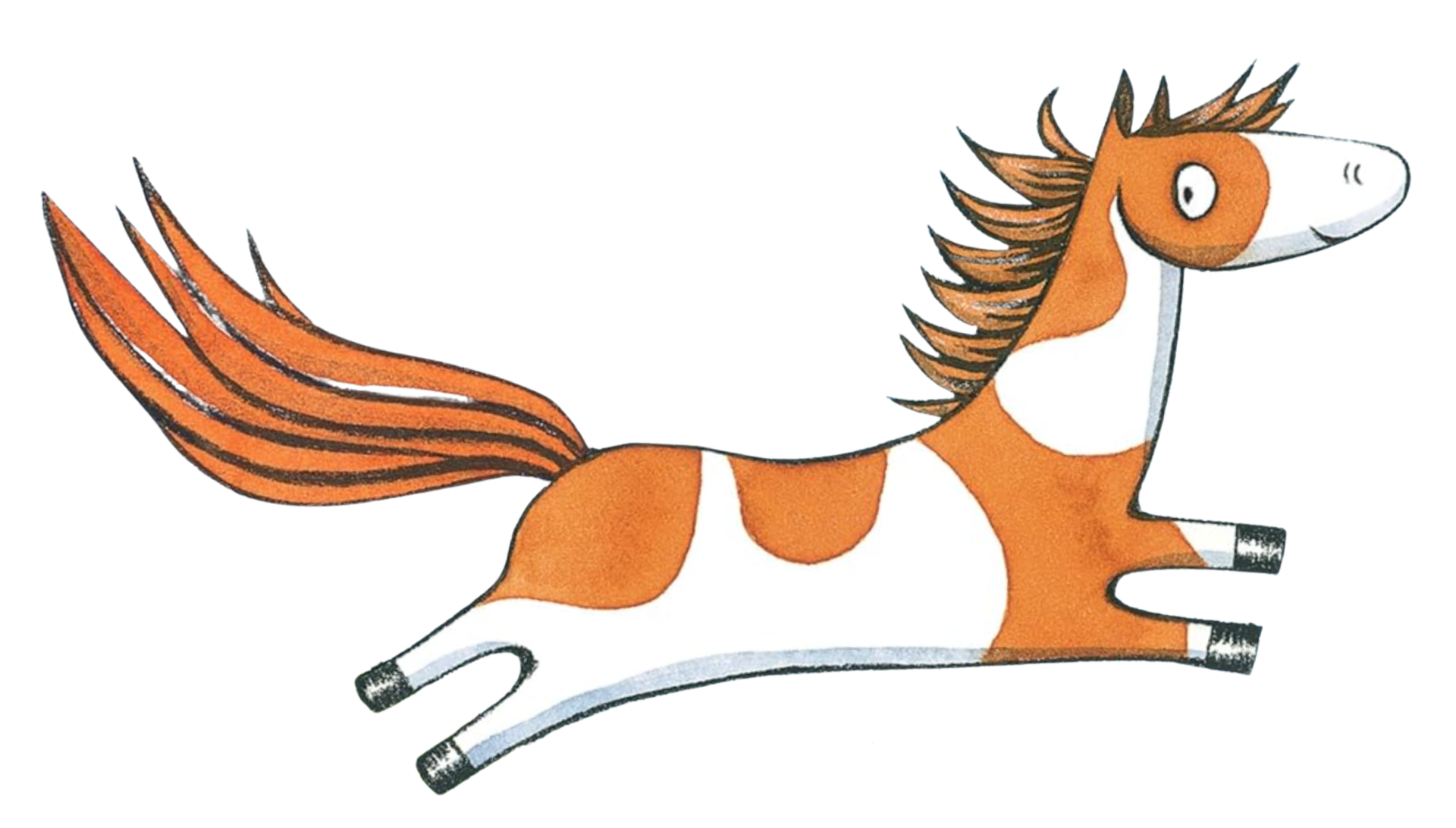 Cartoon illustration of a playful, animated horse with a white and orange body. Noni the Pony from the Noni the Pony book series by Alison Lester.