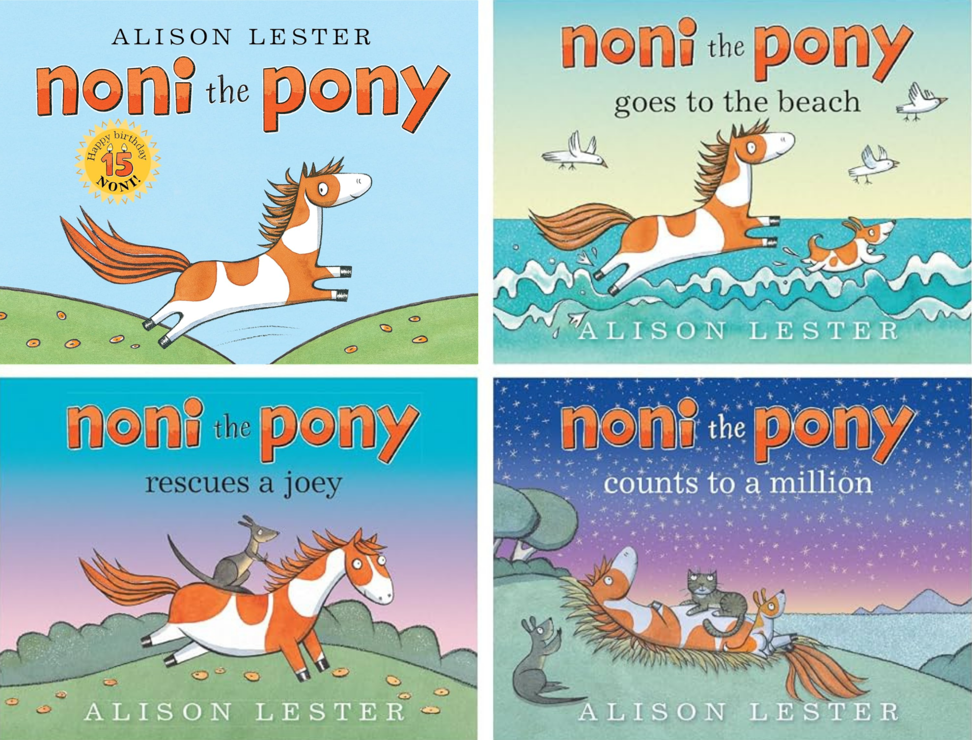 Four covers of the children's book "Noni the Pony" by Alison Lester, in different settings: a grassy hill, the beach, a grassy plain, and a nighttime scene with stars. Each cover features Noni the pony with her friends, birds, a dog, and cats, and includes playful and colorful artwork.