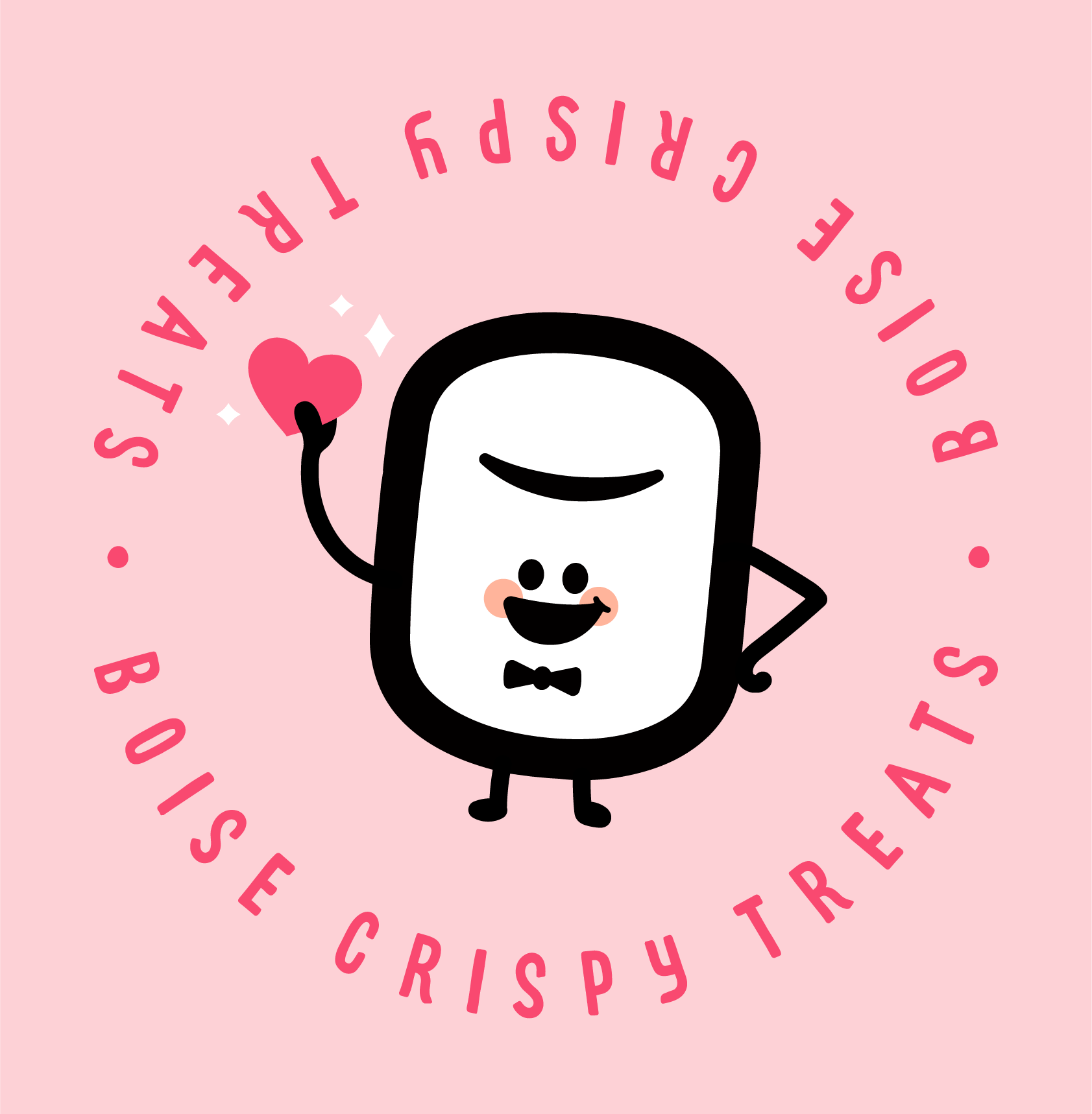 Cute animated character with black and white face, small body, wearing a bow tie, holding a pink heart, surrounded by pink text that reads "Start your crispy, crunchy treat" in a circular pattern.
