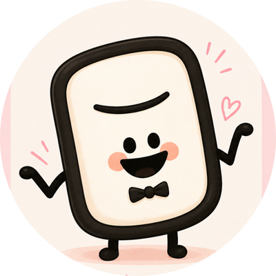 Cute cartoon speech bubble character with a bow tie, smiling with arms raised and hearts around it.