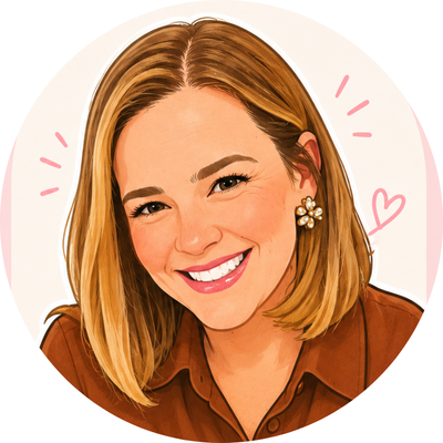 Illustration of a smiling woman with shoulder-length blonde hair, wearing a brown top and floral earrings, with pink doodles around her face.