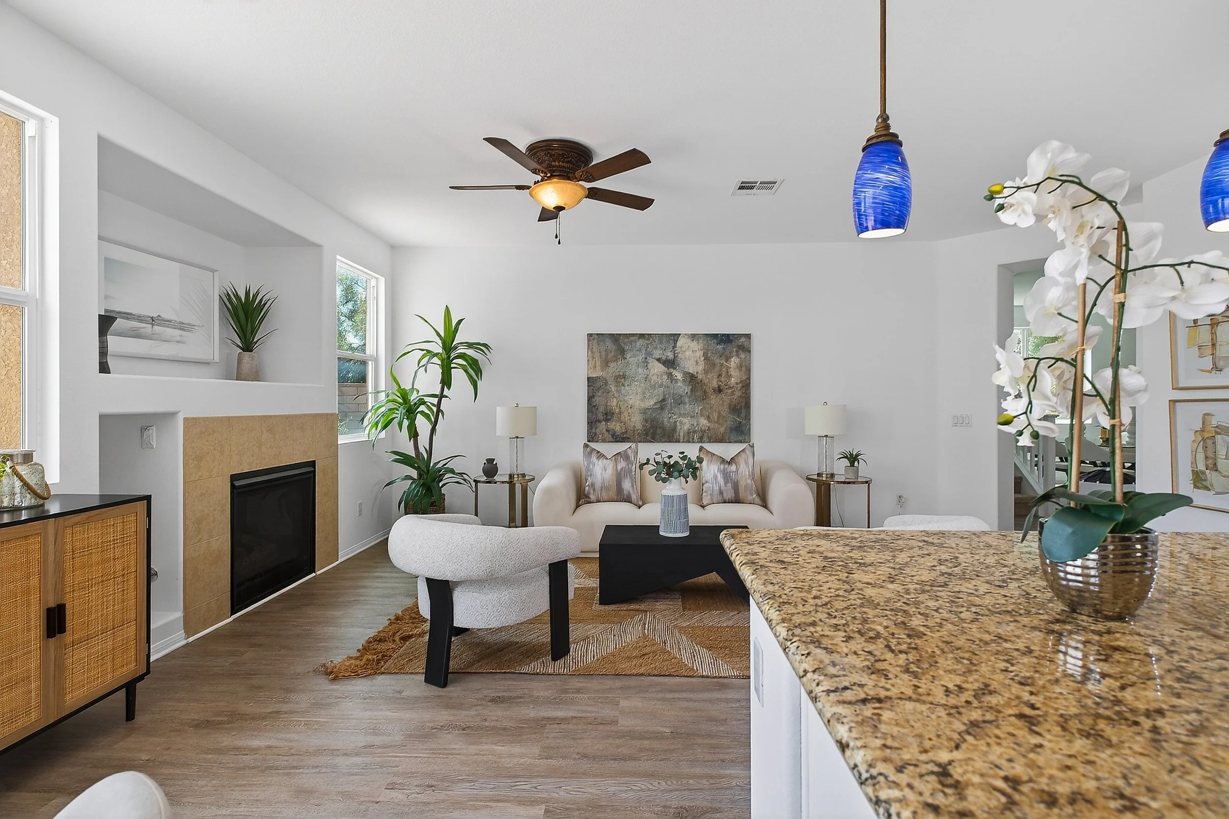 Contemporary kitchen and family room in a Lake Elsinore, California home photographed by Mike Fujie