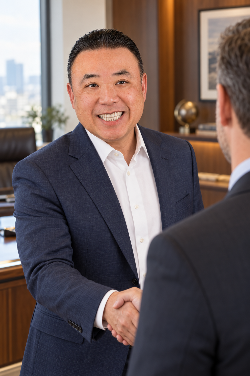 Two men in suits shaking hands in an office, one smiling faces the camera.