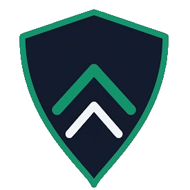 A shield-shaped logo with dark blue, green, and white colors, featuring an upward-pointing arrow design.