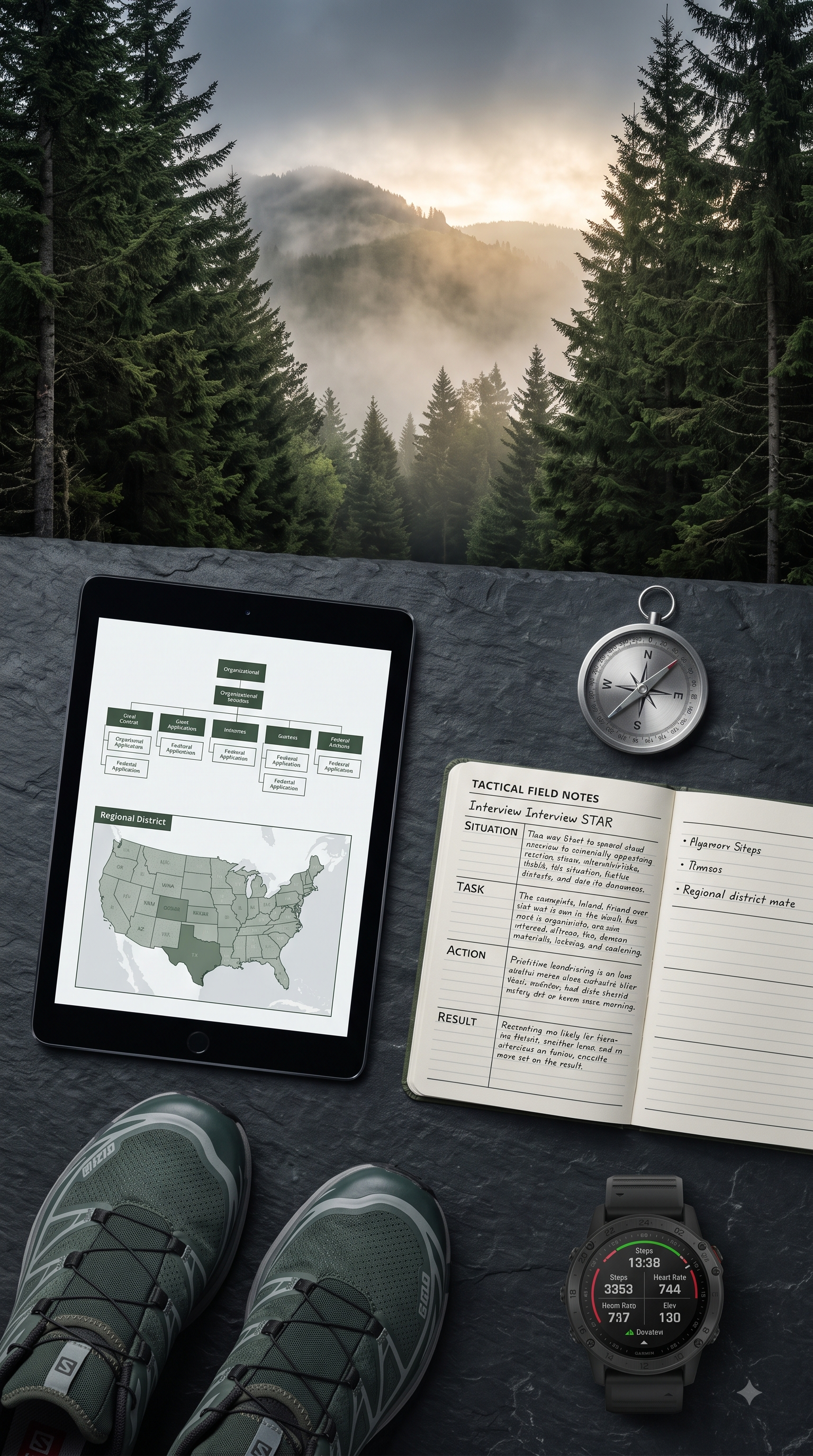 A mountain landscape with pine trees and mist, with a tablet displaying a U.S. map, a notebook with notes, a compass, a smartwatch showing fitness data, and hiking shoes in the foreground.