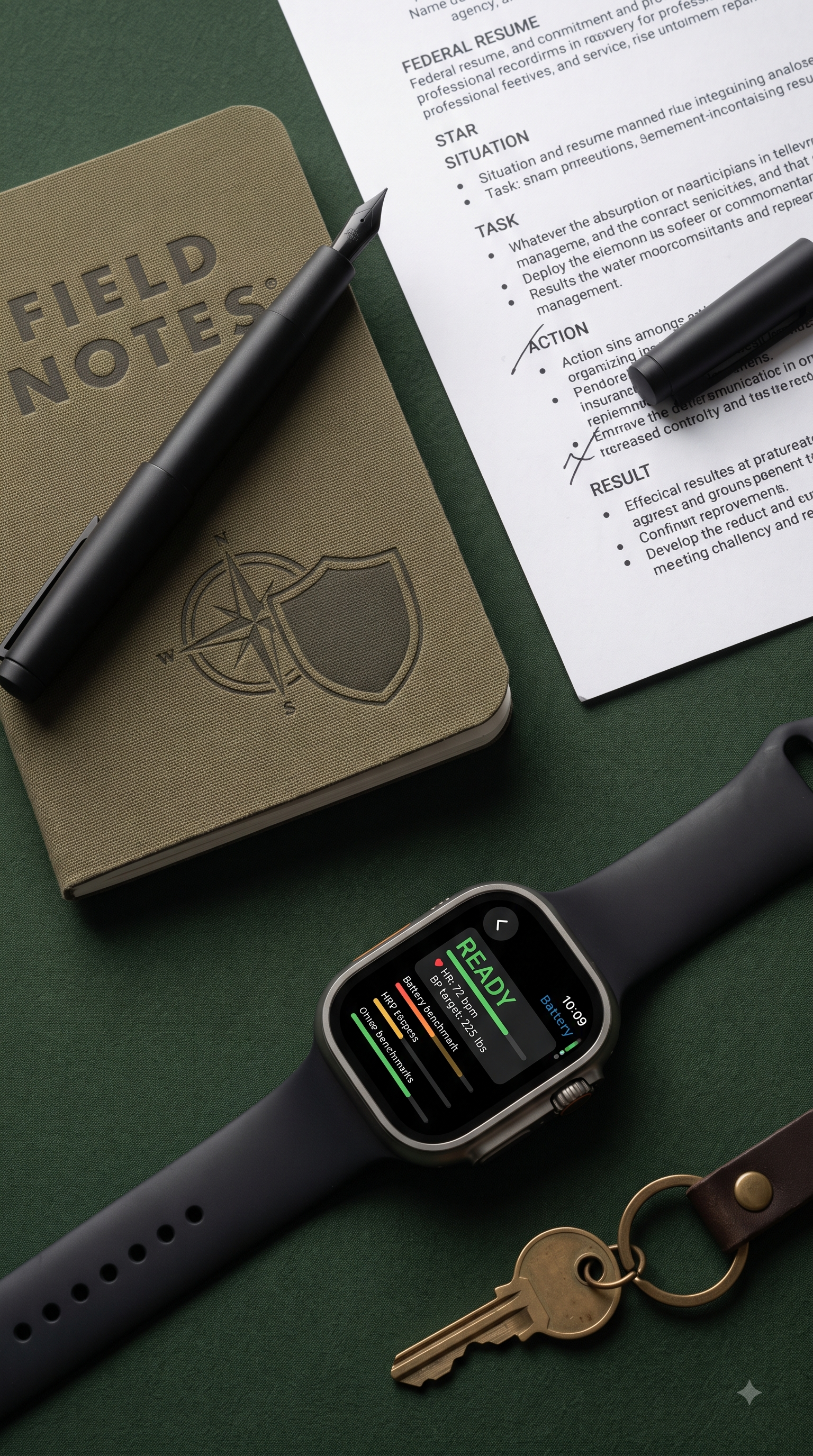 A green surface featuring a black smartwatch with a battery monitoring screen, a set of keys attached to a leather wristband, a gold-colored pocket knife, a brown field notes notebook, a pen, and a printed resume with handwritten check marks and annotations.