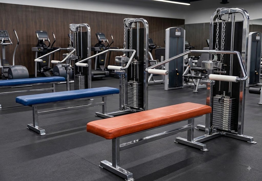 Empty gym with exercise machines, benches, and workout equipment in a fitness center.