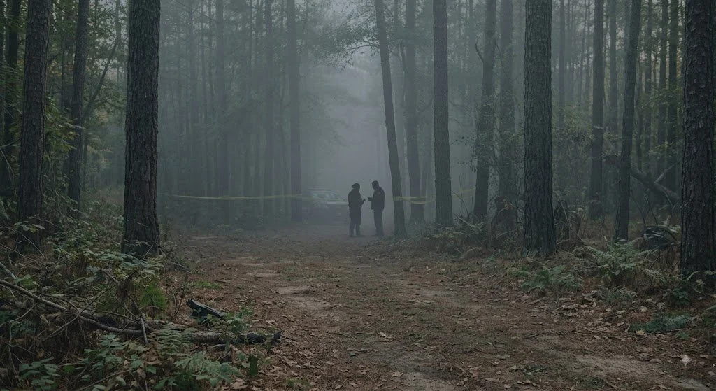 A foggy forest with a dirt trail and two people standing and talking near yellow caution tape.