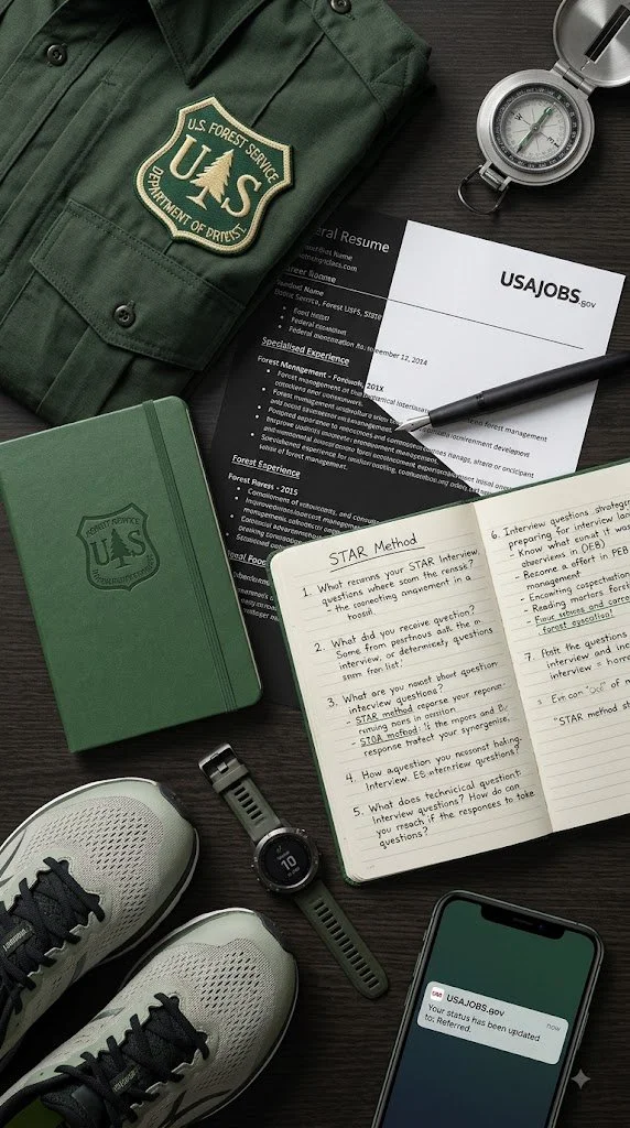 U.S. Forest Service uniform patch, compass, resume, notebook, pen, smartwatch, running shoes, and a smartphone on a desk.