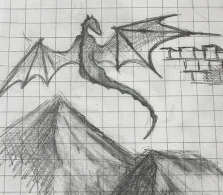 Original pencil sketches of a dragon with outstretched wings and additional wing studies on grid paper, exploring ideas for a bespoke nail art project.