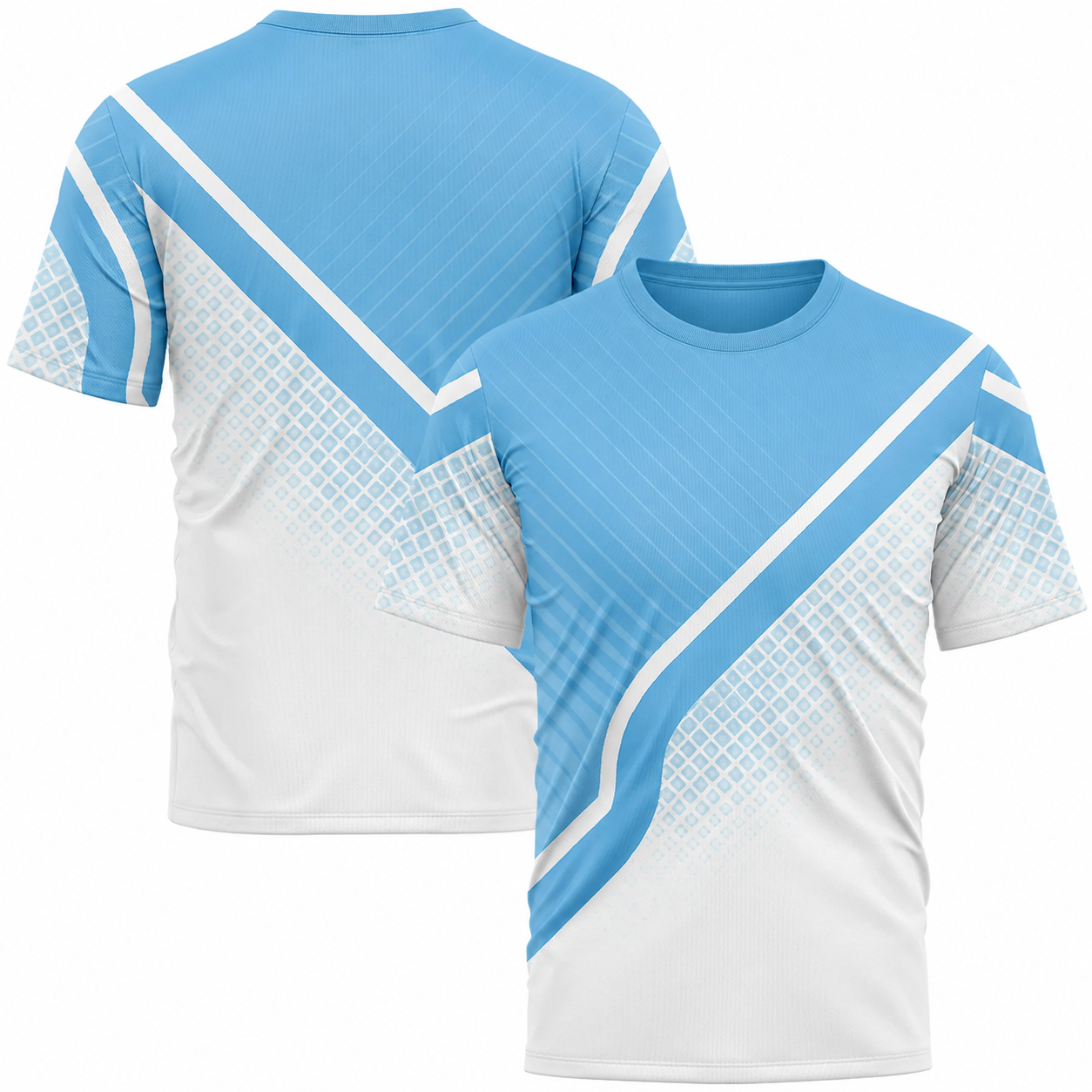 Two light blue and white sports jerseys with geometric designs and diagonal stripes, shown from front and back.